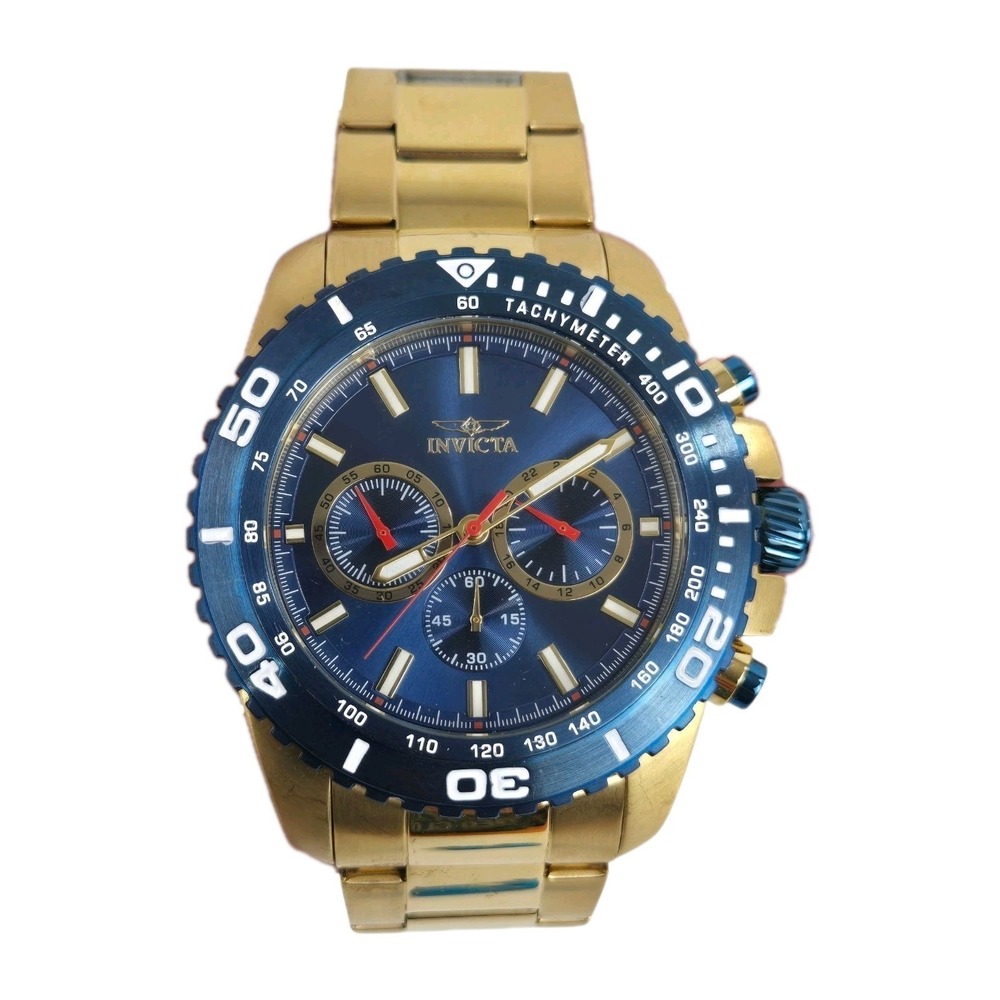 Invicta Pro Diver Watch 19845 Chronograph Gold Tone w Blue Bezel & Face‎ EUC